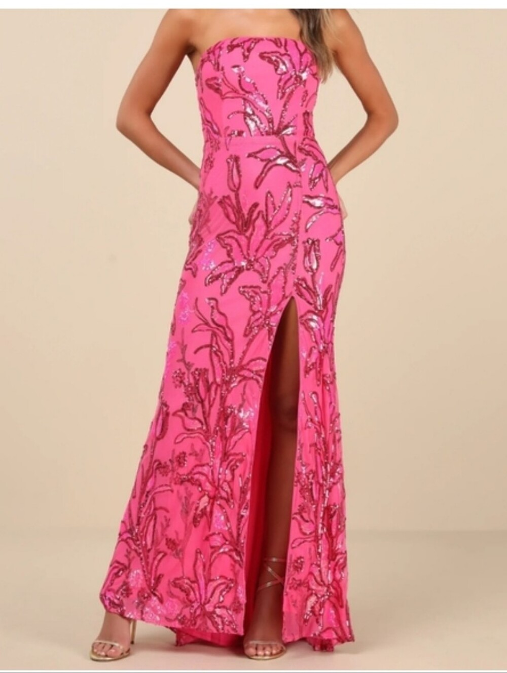 Lulu's Hot Pink Sequin Strapless Firmal Prom Dress with Front Slit